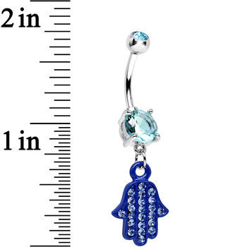 BodyCandy Aqua Double Gem Powerful Blessing Blue Hamsa Hand Dangle Belly Ring — detail close-up