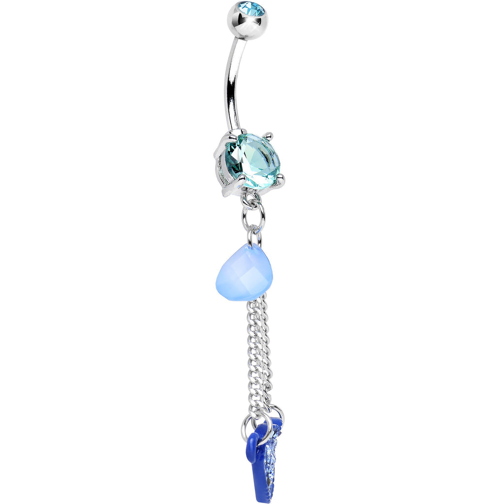 BodyCandy Aqua Double Gem Sparkling Trapeze Swing Blue Heart Dangle Belly Ring — detail close-up