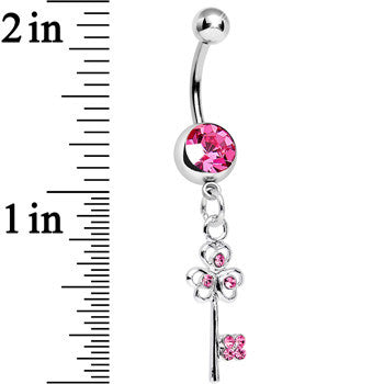 BodyCandy Pink Gem Unlock Your Luck Clover Heart Key Dangle Belly Ring — detail close-up
