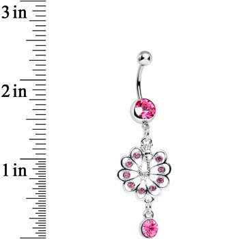 BodyCandy Pink Gem Enchanted Open Tail Peacock Dangle Belly Ring — detail close-up