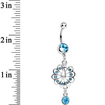 BodyCandy Aqua Gem Enchanted Open Tail Peacock Dangle Belly Ring — detail close-up