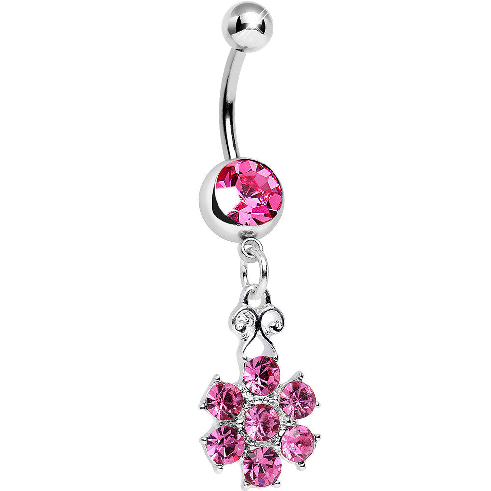 BodyCandy Pink Gem Potted Peony Flower Dangle Belly Ring — main product shot