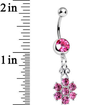 BodyCandy Pink Gem Potted Peony Flower Dangle Belly Ring — detail close-up