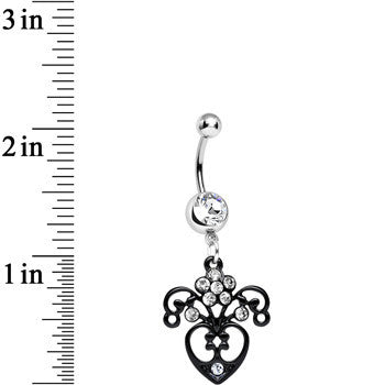 BodyCandy Clear Gem Ornamental Black Victorian Flowering Heart Dangle Belly Ring — detail close-up