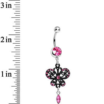 BodyCandy Pink Gem Dark Prague Lace Winged Butterfly Dangle Belly Ring — detail close-up