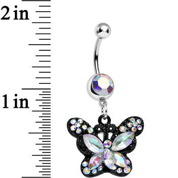 BodyCandy Aurora Gem Passionate Black Butterfly Dangle Belly Ring — detail close-up