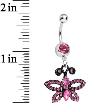 BodyCandy Pink Gem Sublime Sparkling Black Butterfly Dangle Belly Ring — detail close-up
