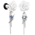 BodyCandy Clear Gem Angel Wing and White Rose Flower Single Flare Dangle Plug Sizes 6mm to 16mm — main product shot
