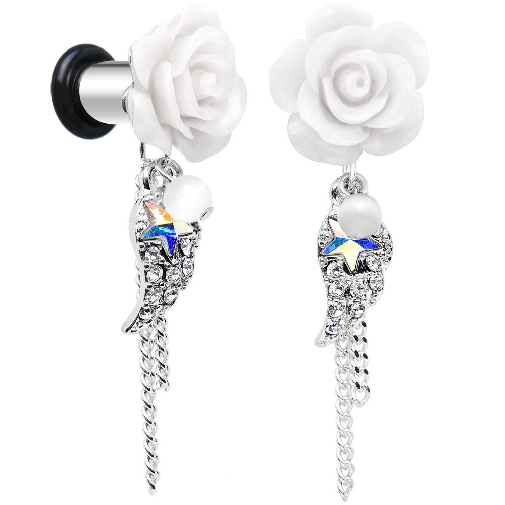 BodyCandy Clear Gem Angel Wing and White Rose Flower Single Flare Dangle Plug Sizes 6mm to 16mm — main product shot