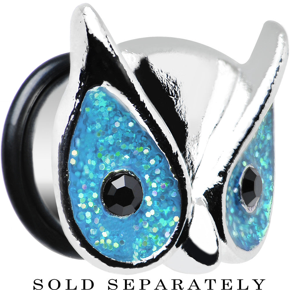 BodyCandy 9/16 Aqua Glitter Festive Owl Single Flare Steel Plug — main product shot
