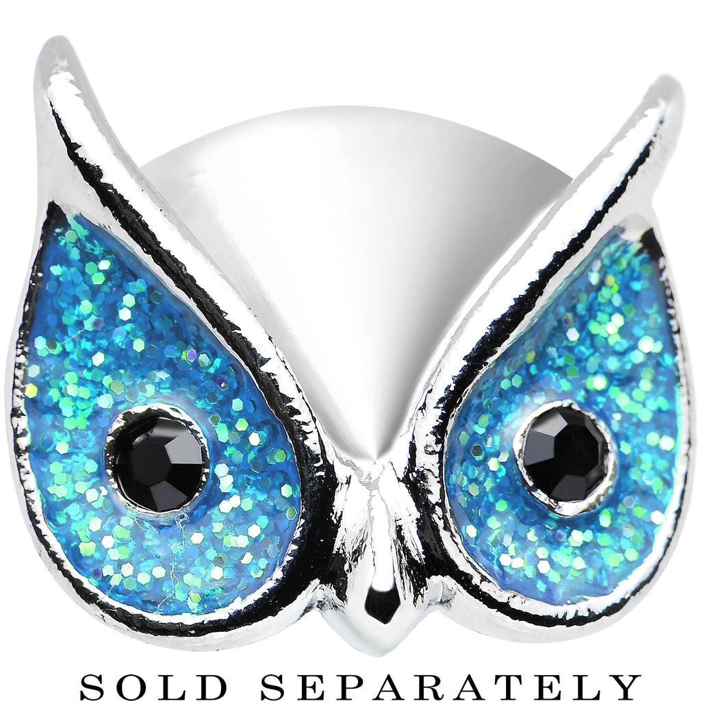 BodyCandy 9/16 Aqua Glitter Festive Owl Single Flare Steel Plug — detail close-up