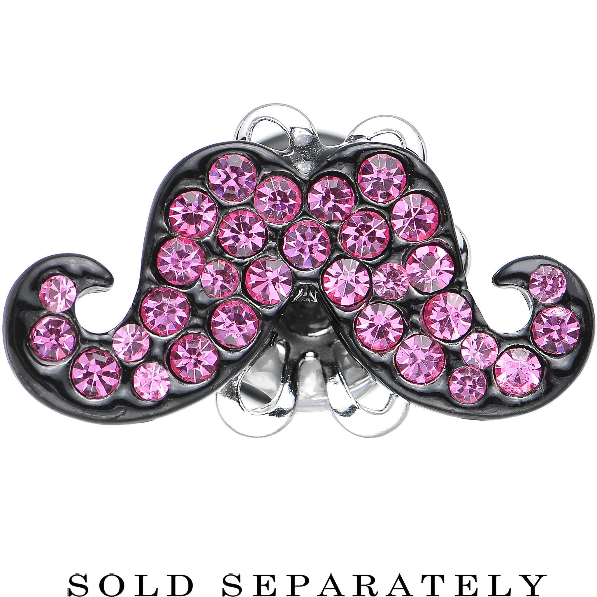 BodyCandy 2G Pink Gem Paved Fancy Mustache Single Flare Steel Plug — detail close-up