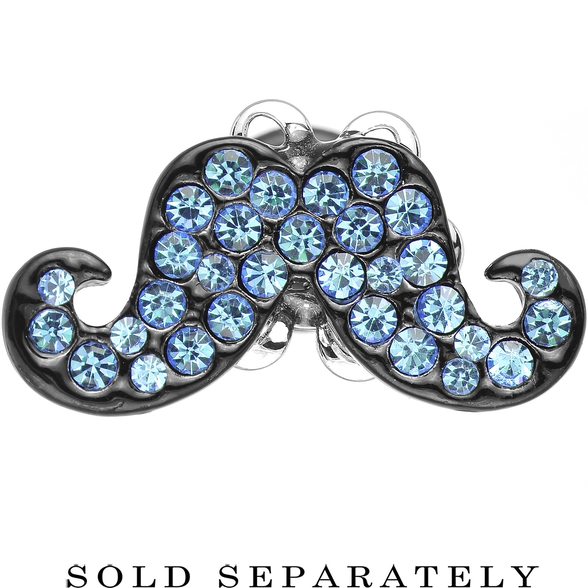 BodyCandy 4G Aqua Gem Paved Fancy Mustache Single Flare Steel Plug — detail close-up