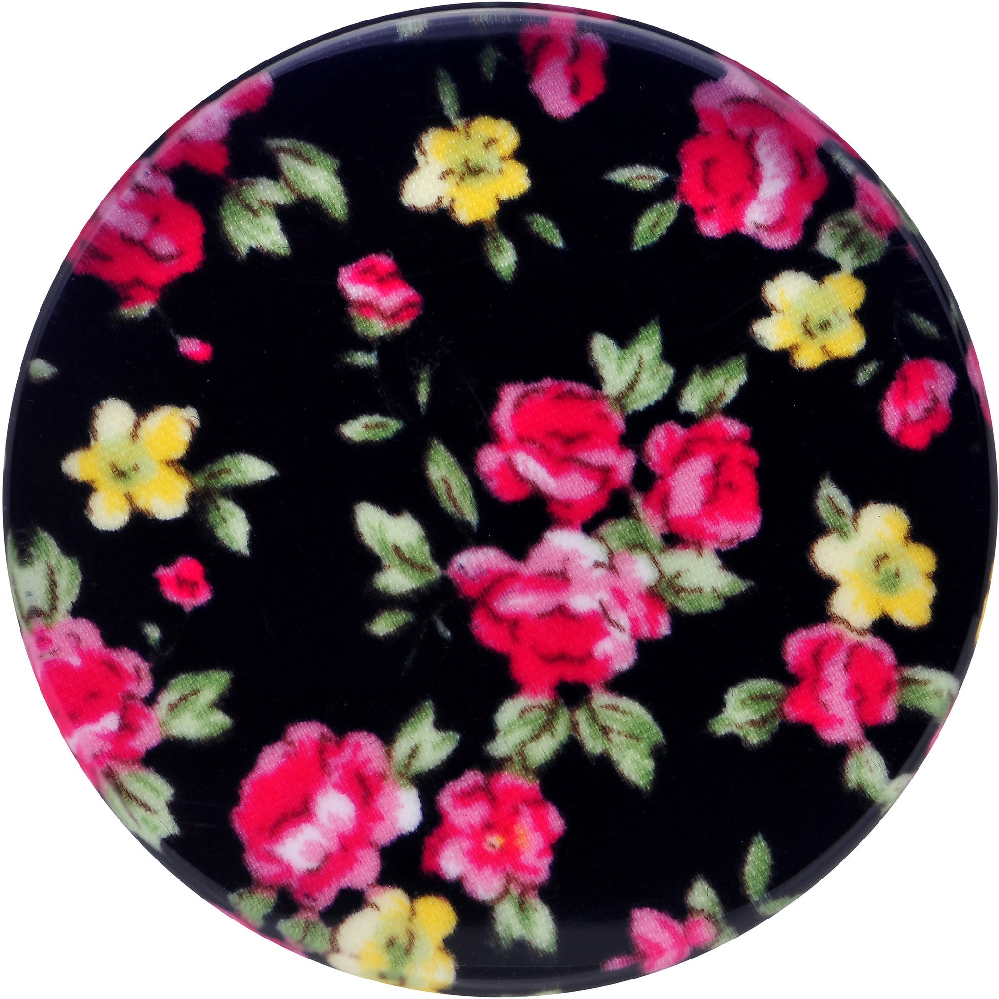 BodyCandy 46mm Acrylic Black Multicolored Old Fashioned Flowers Saddle Plug — detail close-up