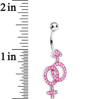 BodyCandy Pink Gem Joined Female and Male Symbols Dangle Belly Ring — detail close-up
