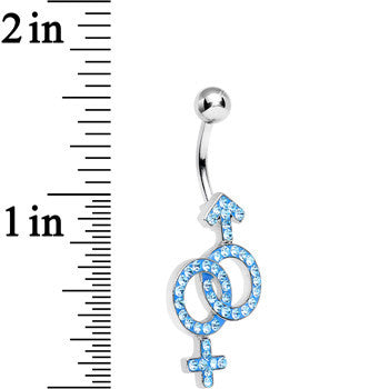 BodyCandy Aqua Gem Joined Female and Male Symbols Dangle Belly Ring — detail close-up