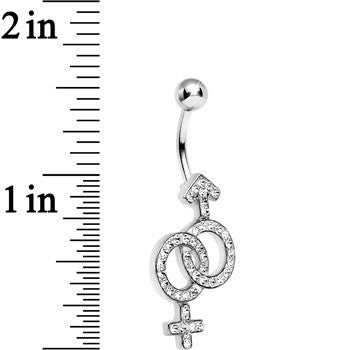 BodyCandy Clear Gem Joined Female and Male Symbols Dangle Belly Ring — detail close-up