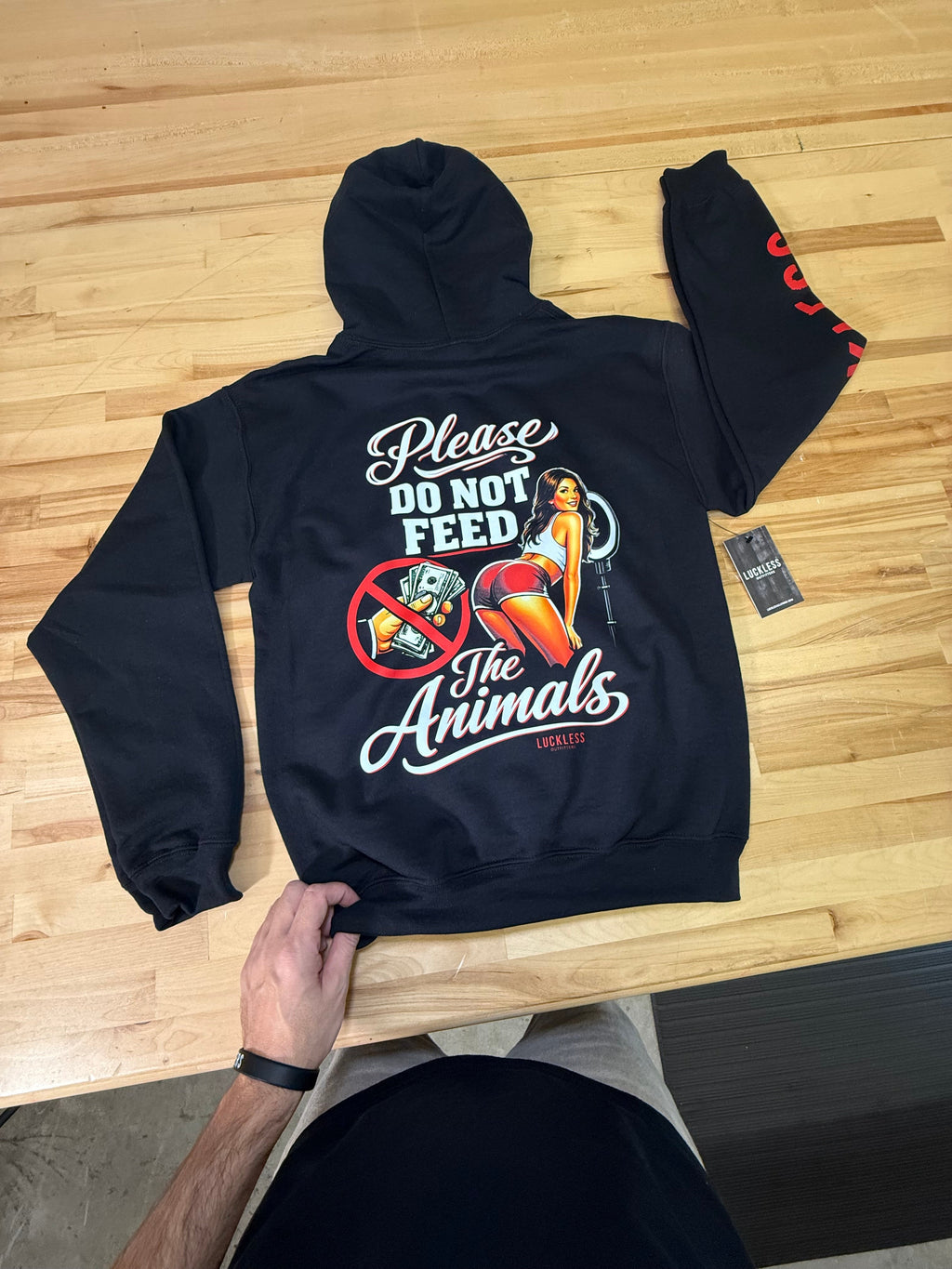 Luckless Outfitters Please Do Not Feed The Animals Hoodie — side view