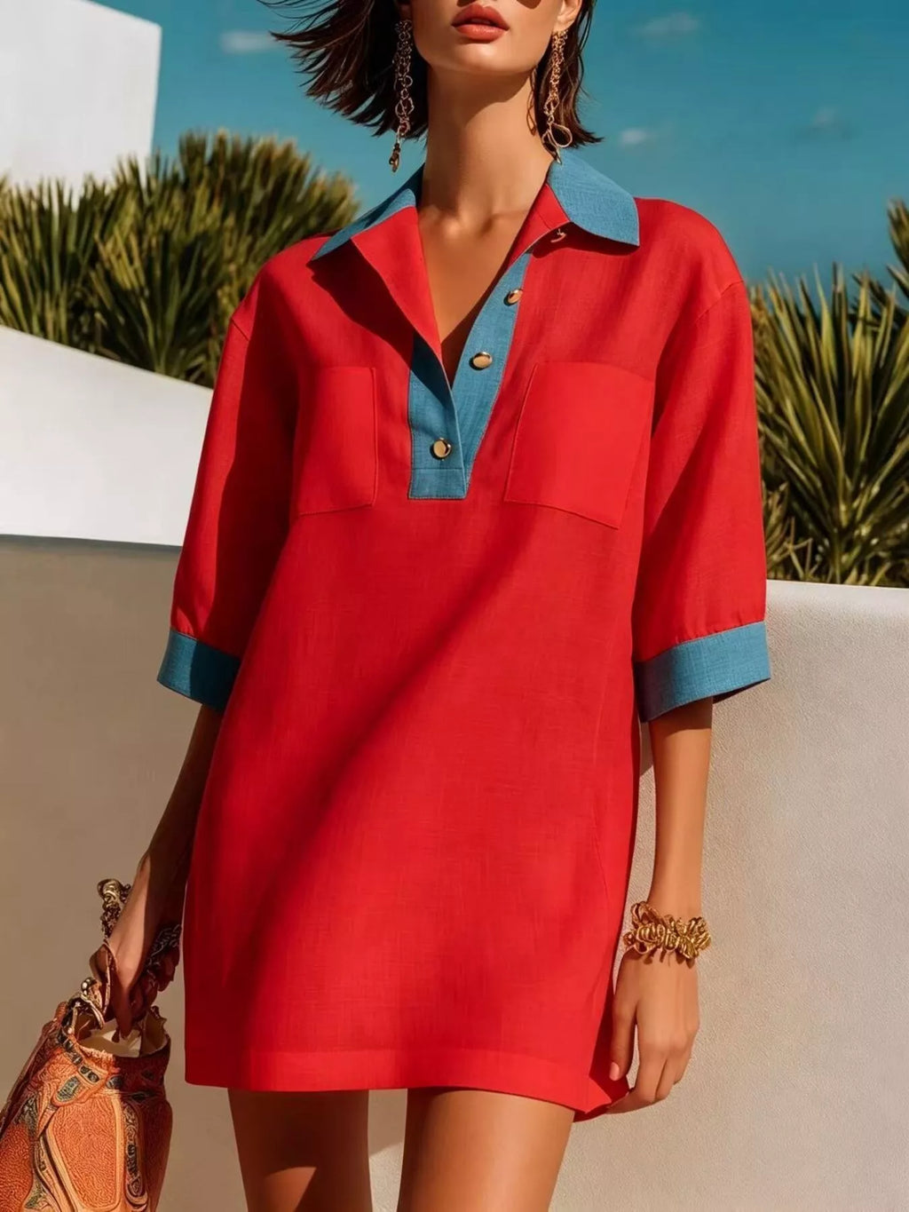Contrast Trim Half Sleeve Dress