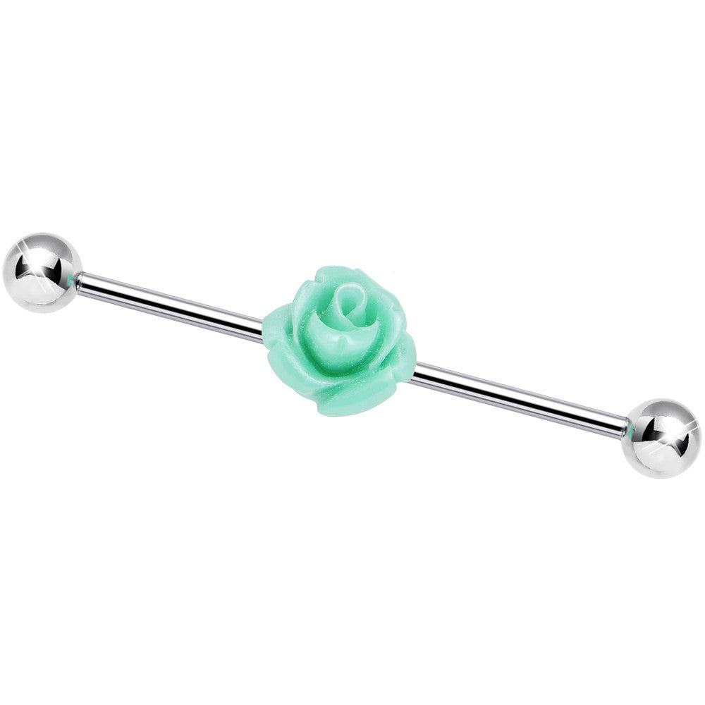 BodyCandy Light Green Charming Summer Rose Flower Industrial Barbell 37mm — side view