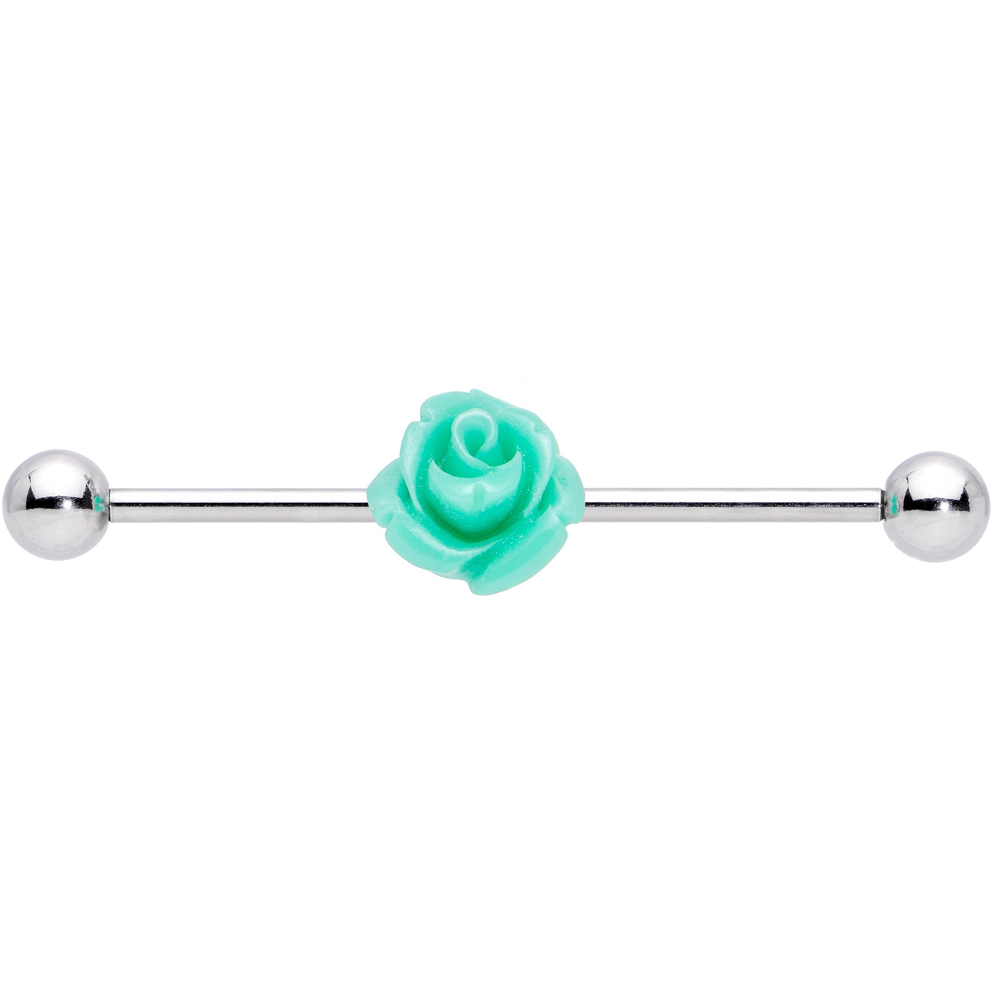 BodyCandy Light Green Charming Summer Rose Flower Industrial Barbell 37mm — detail close-up