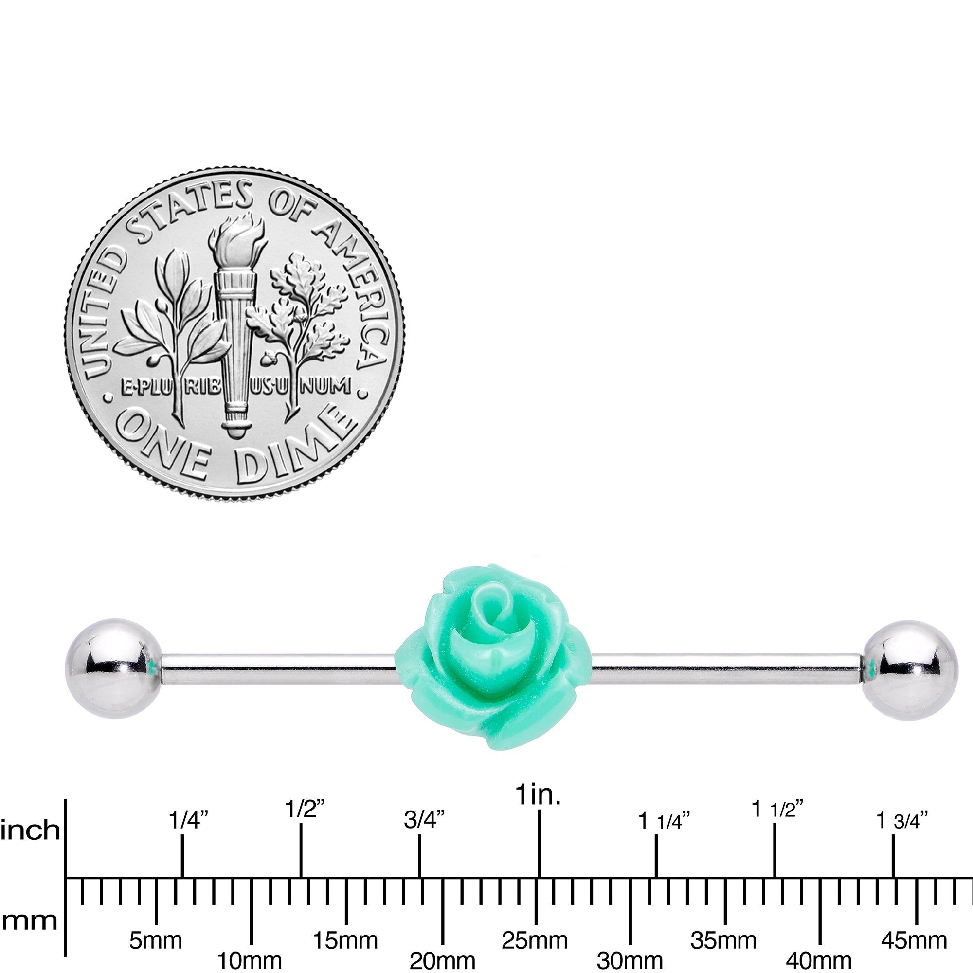 BodyCandy Light Green Charming Summer Rose Flower Industrial Barbell 37mm — lifestyle context