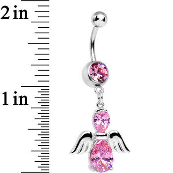 BodyCandy Pink Cubic Zirconia Bowling with My Angel Dangle Belly Ring — detail close-up