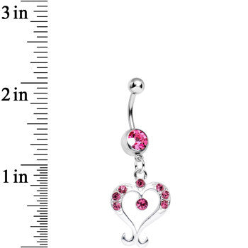 BodyCandy Pink Gem Fanciful Arched Heart Dangle Belly Ring — detail close-up