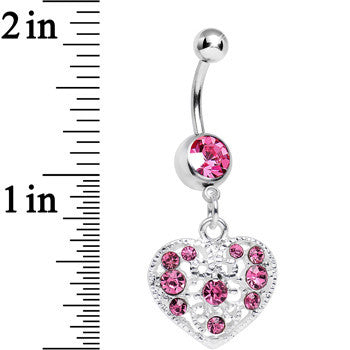 BodyCandy Pink Gem Lacy Heirloom Heart Dangle Belly Ring — detail close-up
