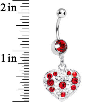 BodyCandy Red Gem Lacy Heirloom Heart Dangle Belly Ring — detail close-up