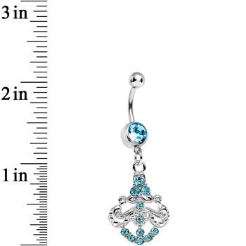 BodyCandy Aqua Gem Shimmering Divine Fan Dangle Belly Ring — detail close-up