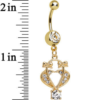 BodyCandy Clear Gem Gold Plated Bow Tied Basket Heart Dangle Belly Ring — detail close-up