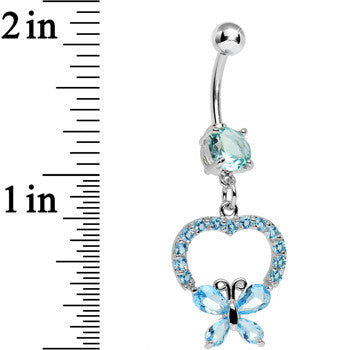 BodyCandy Aqua Gem Hollow Heart Beautiful Butterfly Dangle Belly Ring — detail close-up