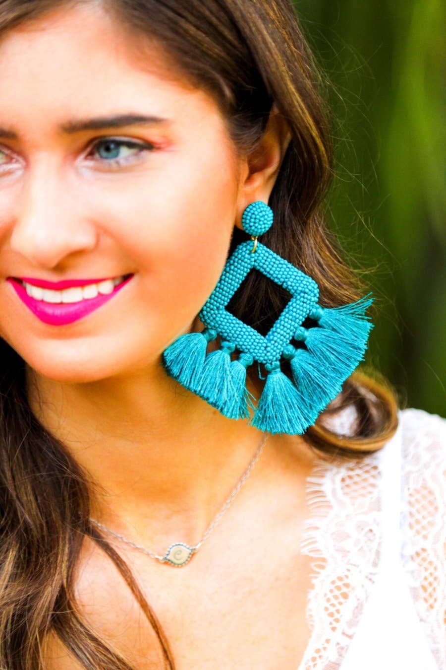 Pretty Little Patriot Pretty Little Patriot Hot Pink Ellie Fringe Drop Earrings — product on model
