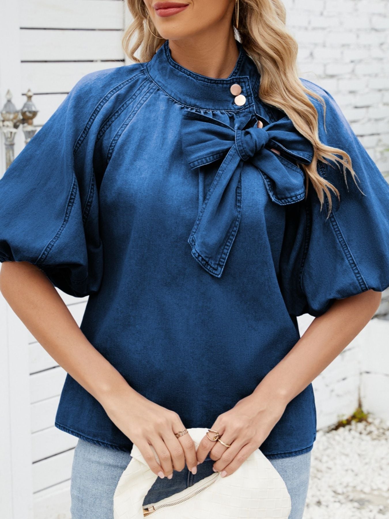 Bow Accent Puff Sleeve Denim Top