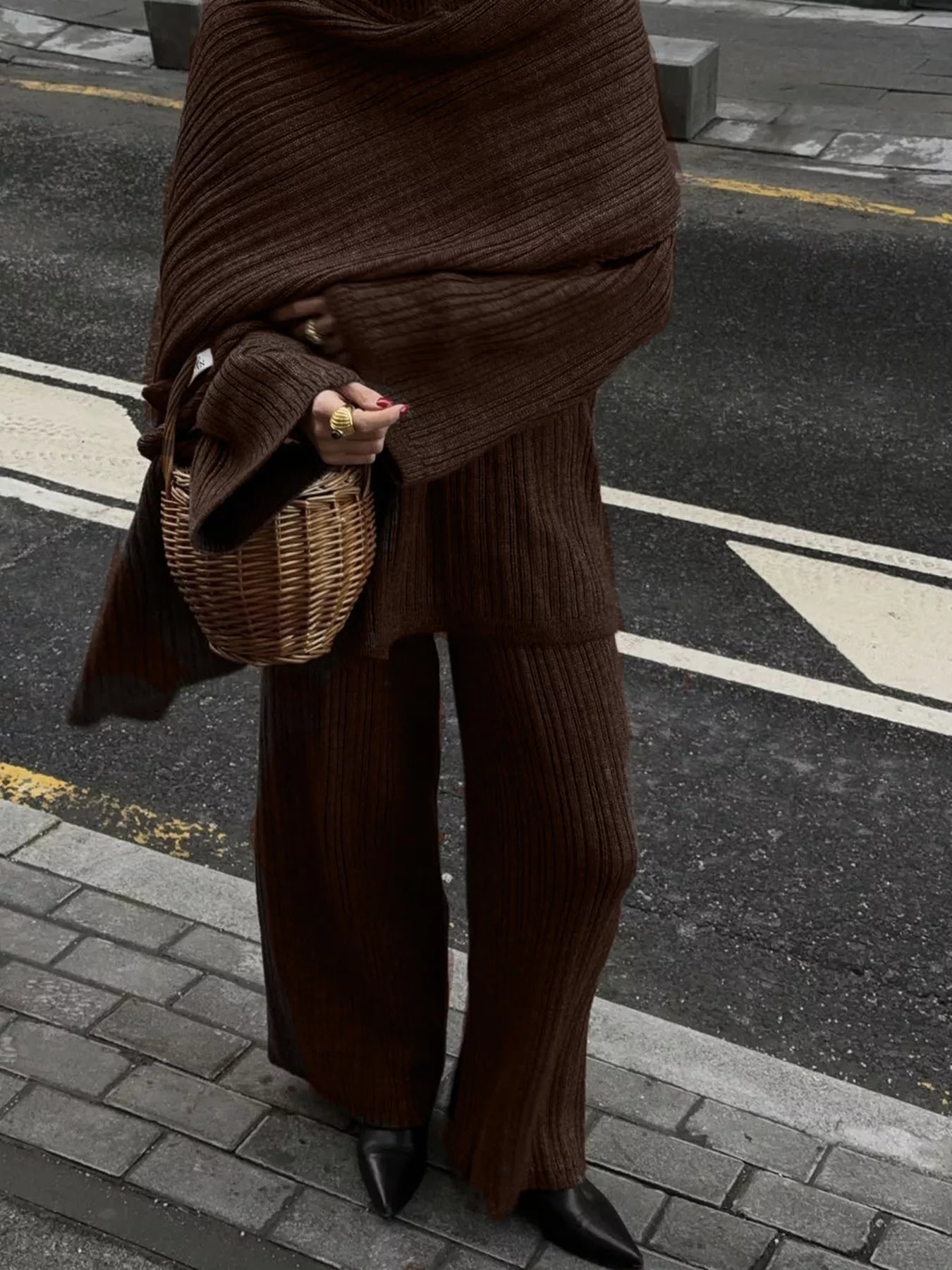 3-Piece Crew Neck Ribbed Sweater and Wide-Leg Pants Set with Scarf