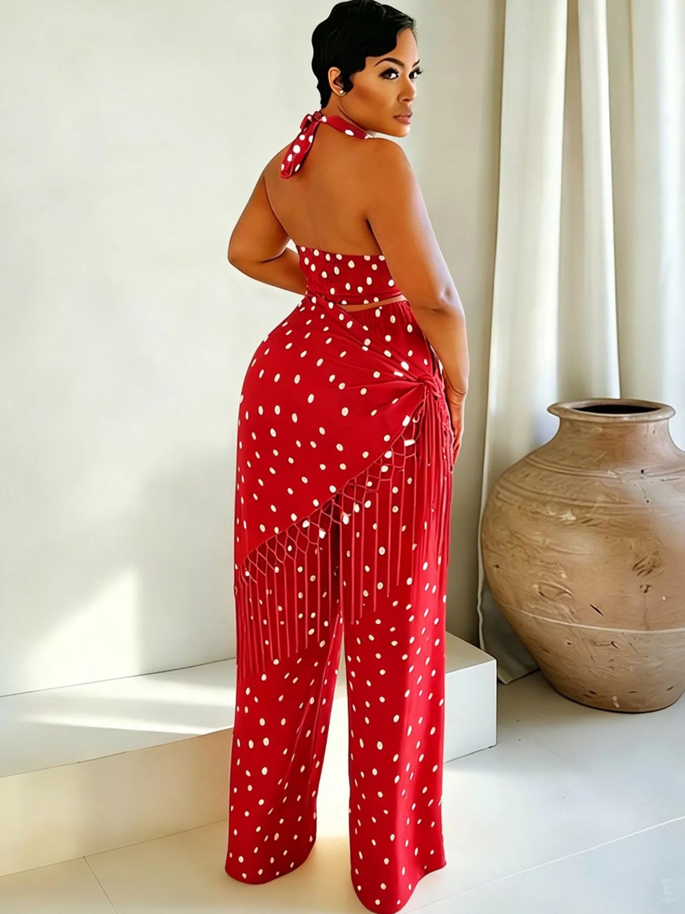 Polka Dot Halter Neck Cami and Fringe Trim Pants Set