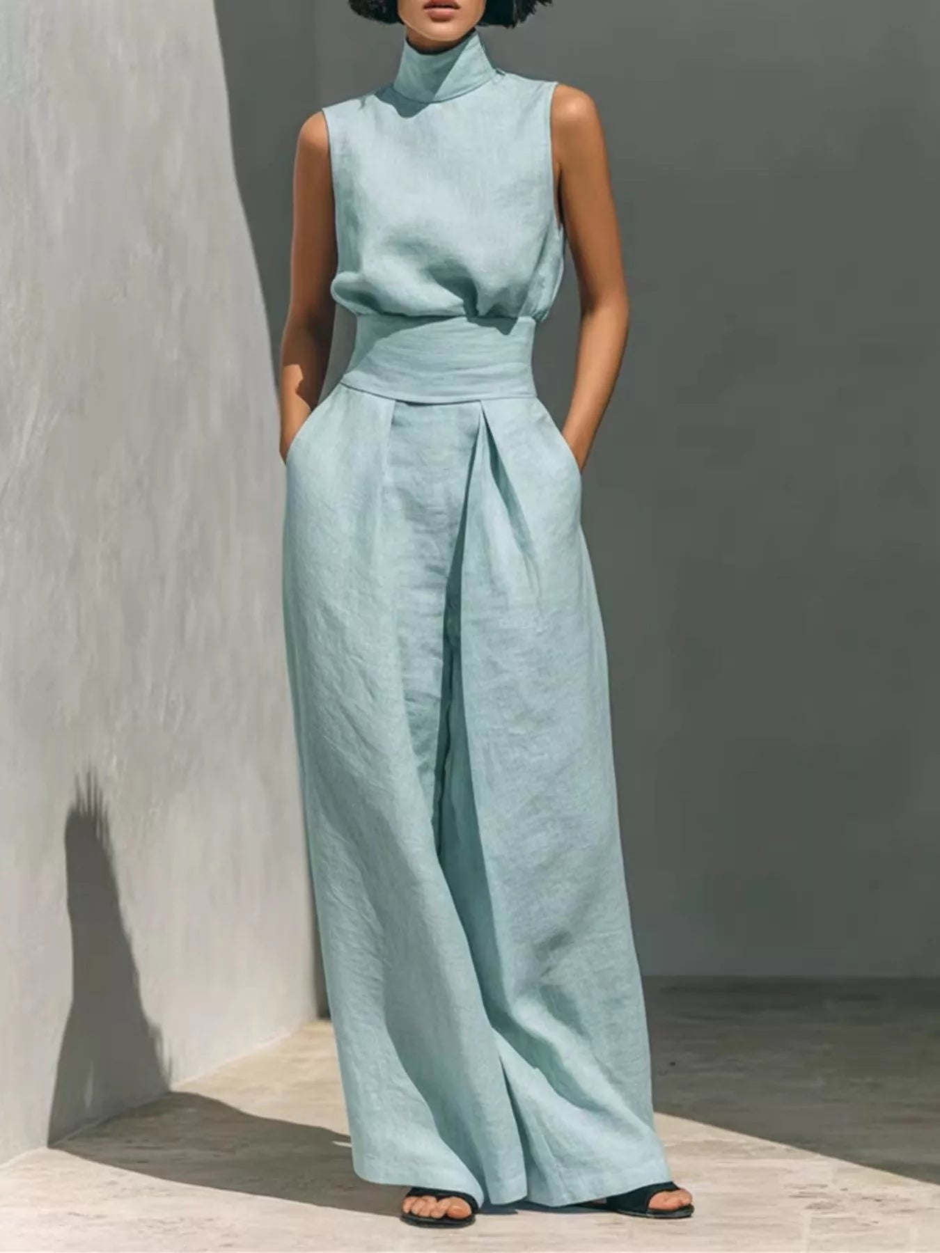 Turtleneck Sleeveless Top and Wide-Leg Pants Set