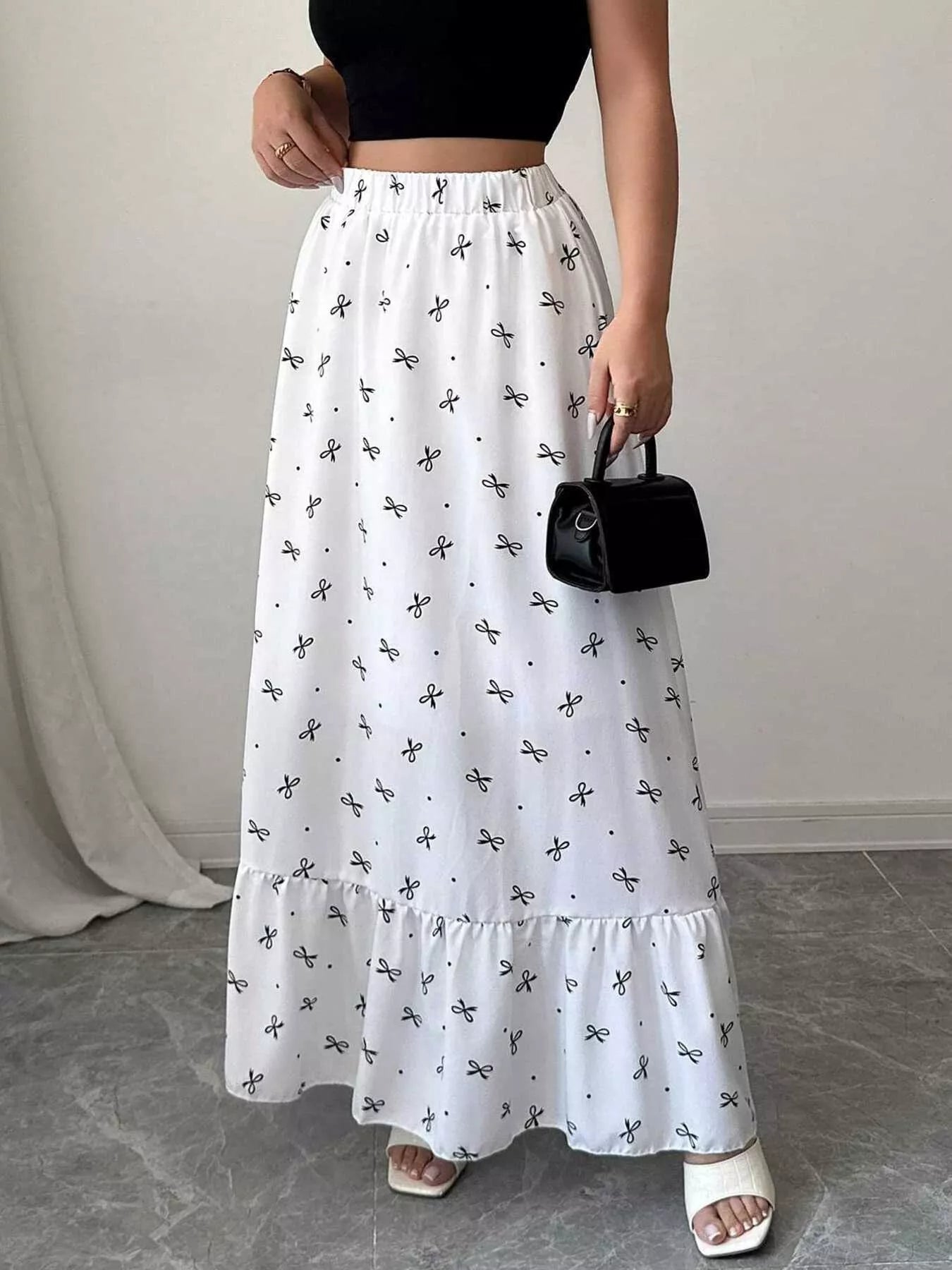 Bowknot Print Ruffle Hem Maxi Skirt