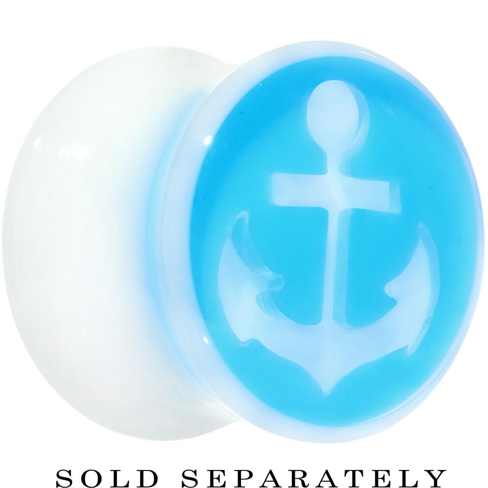 BodyCandy White Blue Acrylic Set Sail Nautical Anchor Saddle Plug 14mm and 16mm — side view