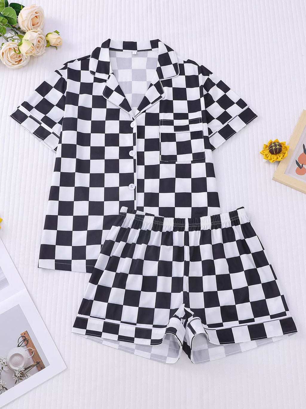 Checkered Print Button Up Top and Shorts Lounge Set