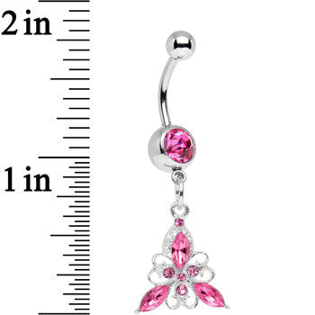 BodyCandy Pink Gem Thrilling Trillium Flower Dangle Belly Ring — detail close-up