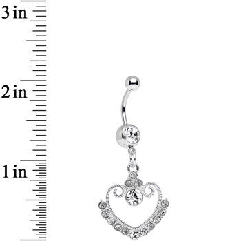BodyCandy Clear Gem Ornate Hollow Heart Dangle Belly Ring — detail close-up