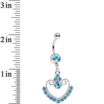 BodyCandy Aqua Gem Ornate Hollow Heart Dangle Belly Ring — detail close-up