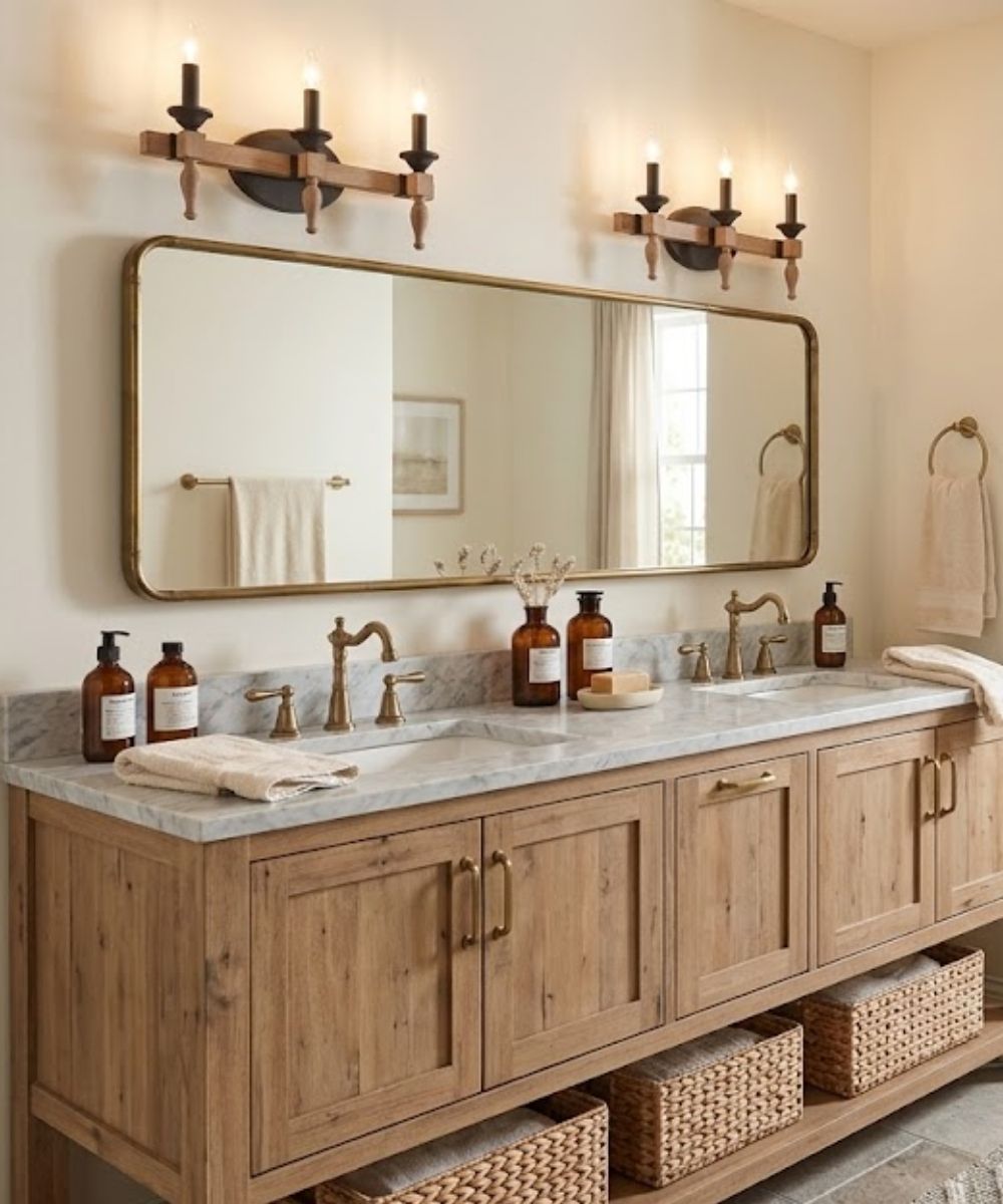 Glenwood 21"W 3-Light Aged Bronze and Distressed Oak Finish Bathroom Vanity Light Fixture – LampsUSA, view 3