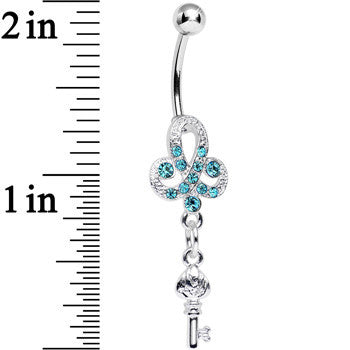 BodyCandy Aqua Gem Sparkling Clover Glamour Key Dangle Belly Ring — detail close-up