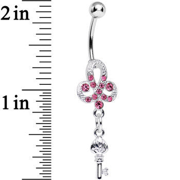 BodyCandy Pink Gem Sparkling Clover Glamour Key Dangle Belly Ring — detail close-up