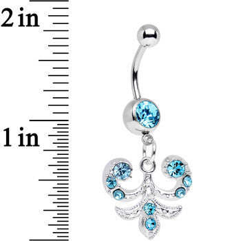 BodyCandy Aqua Gem Elaborate French Swirls Dangle Belly Ring — detail close-up