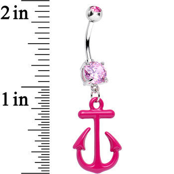 BodyCandy Pink Gem Nautical Pink Anchor Dangle Belly Ring — detail close-up
