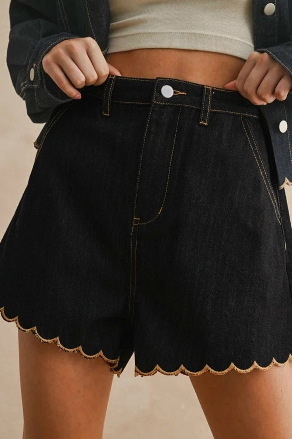 Scalloped Hem Denim Shorts